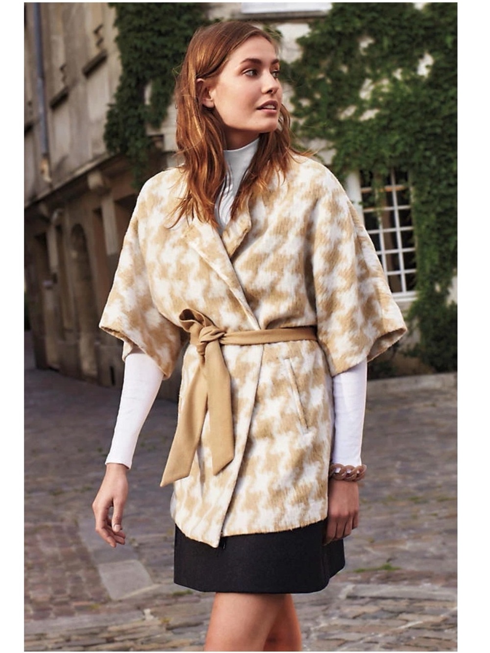 Anthropologie Elevenses Houndstooth Wrap Coat beige cream M/L
